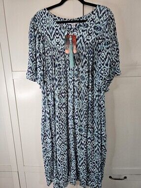 Go Softly Patio 3X 2-3x Midi Lounger Dress Blue Aqua Animal Print Rayon Boho NWT